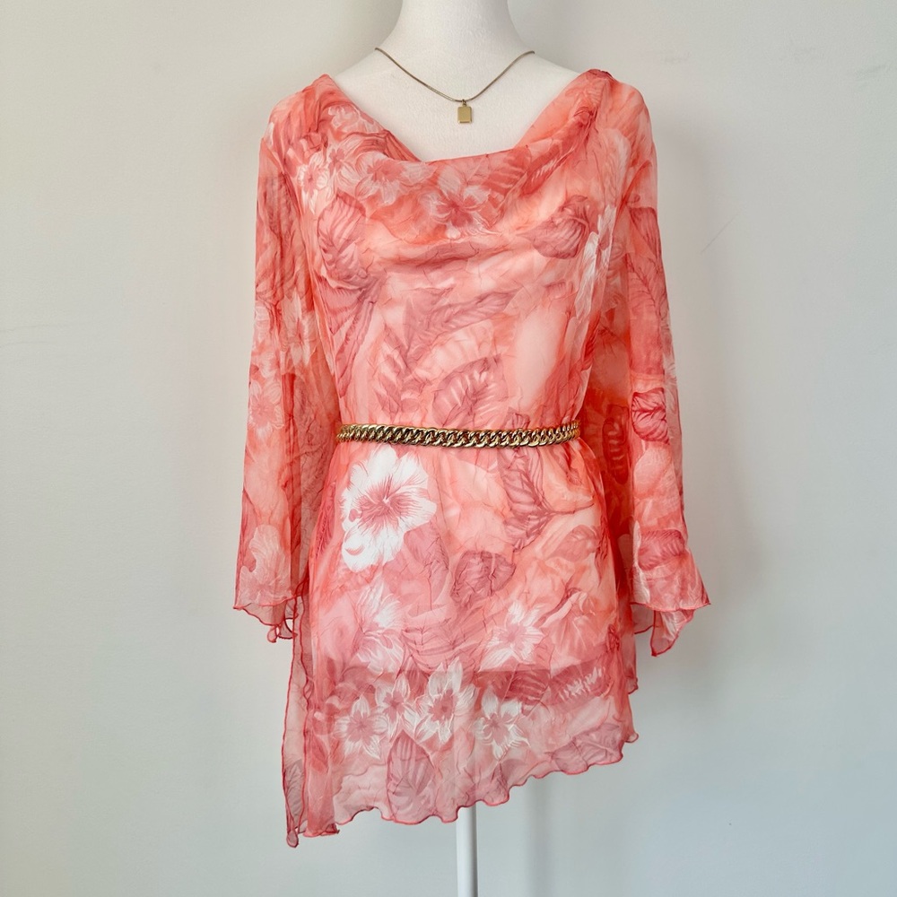 Vintage Picadilly Orange and Pink Floral Asymmetrical Sheer Blouse 3/4 Sleeves